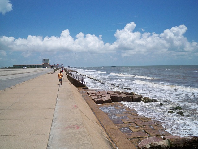sea, shore, coast, nature, rocky, blue sky, beach, galveston island, island, texas, sky, blue, clouds, tourism, destination